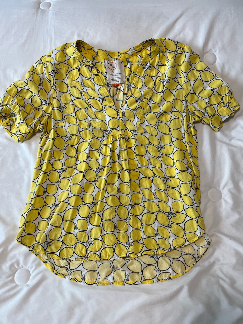 Anthropologie Conversations 3/52 Yellow Lemon-Print V-Neck Blouse Size 4